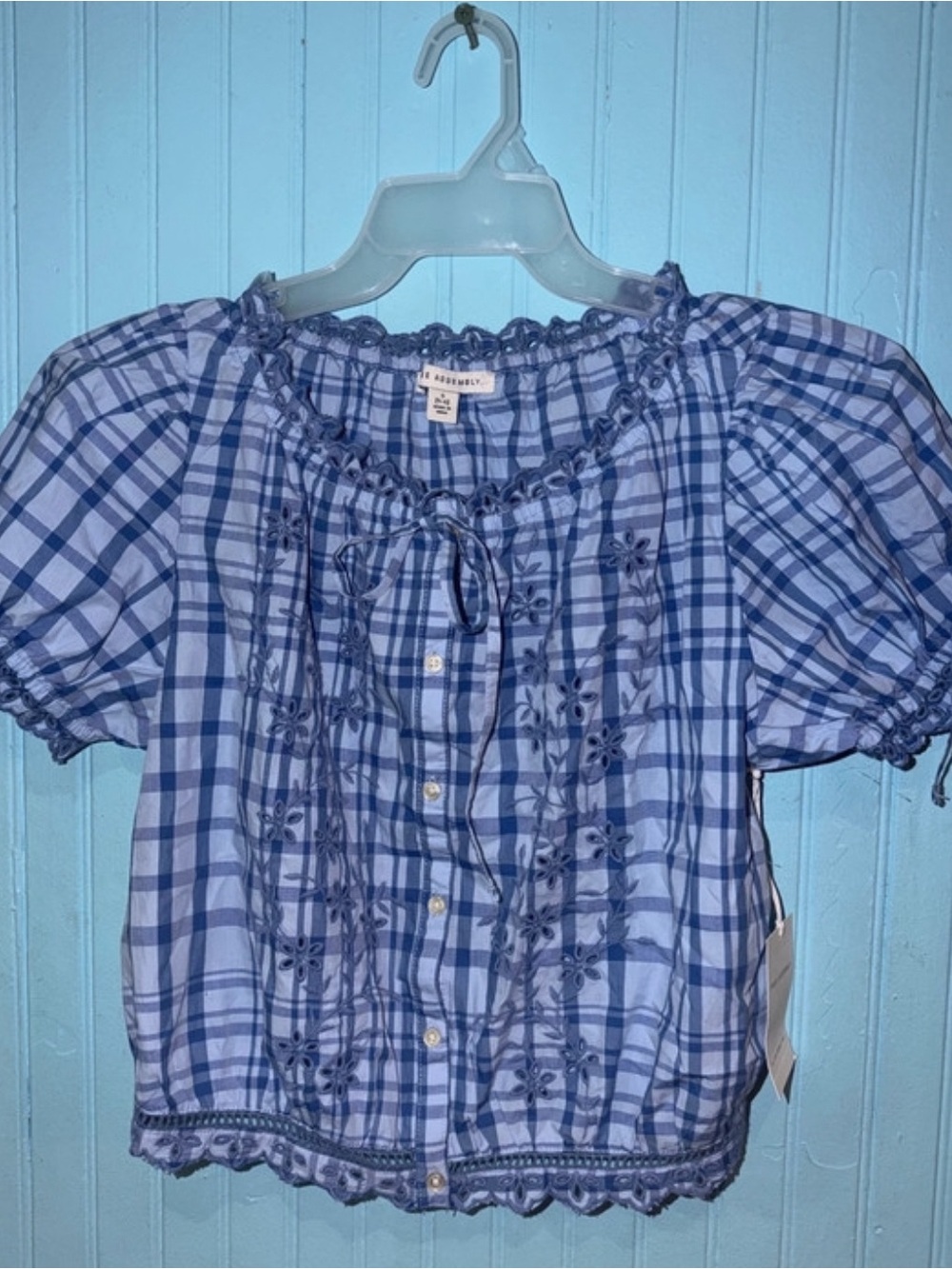 Blue Plaid Puff-Sleeve Peasant Blouse with Embroidered Front